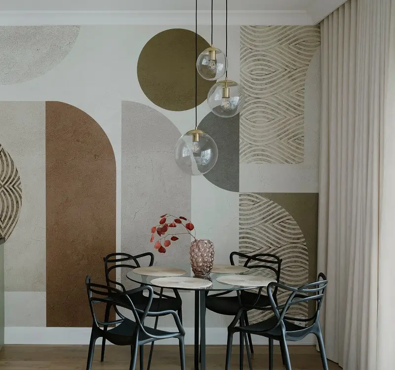 behangwerken in living met decoratief schilderwerk in Rotselaar door Beldecoro